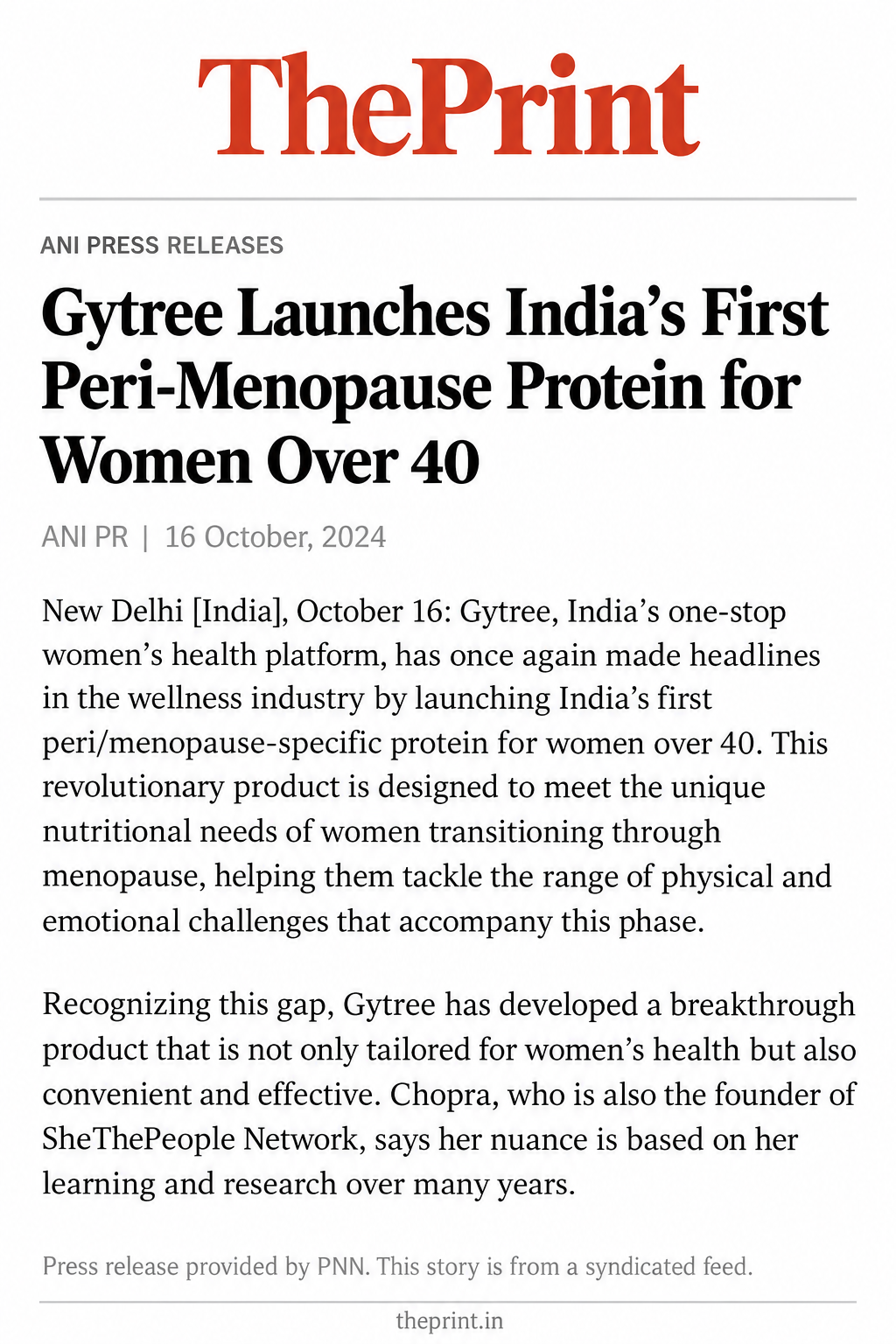 ThePrint article featuring Gytree